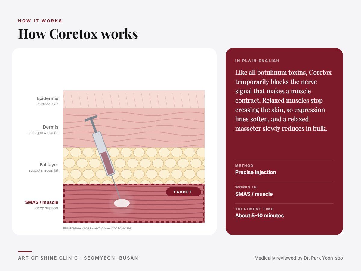 How Coretox works: illustrated skin cross-section showing precise injection reaching the SMAS and muscle layer