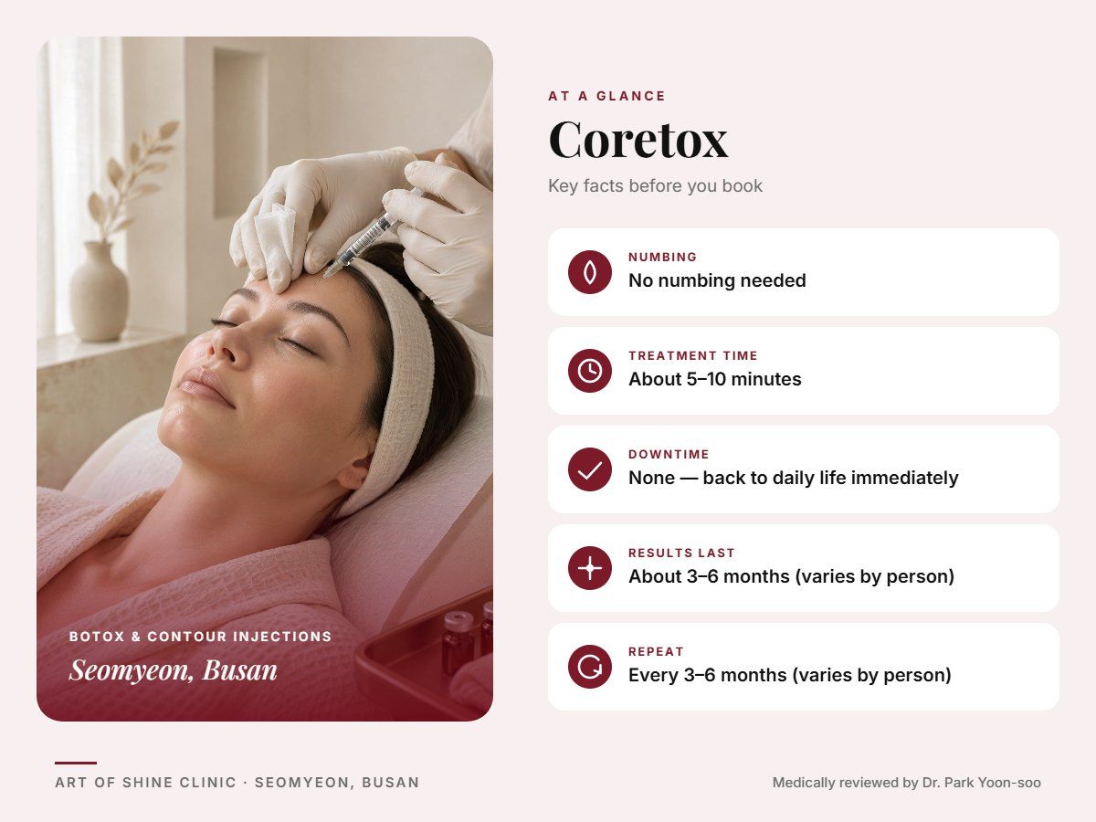 Coretox in Busan at a glance: numbing, treatment time (About 5&ndash;10 minutes), downtime, how long results last and repeat interval, Art of Shine Clinic