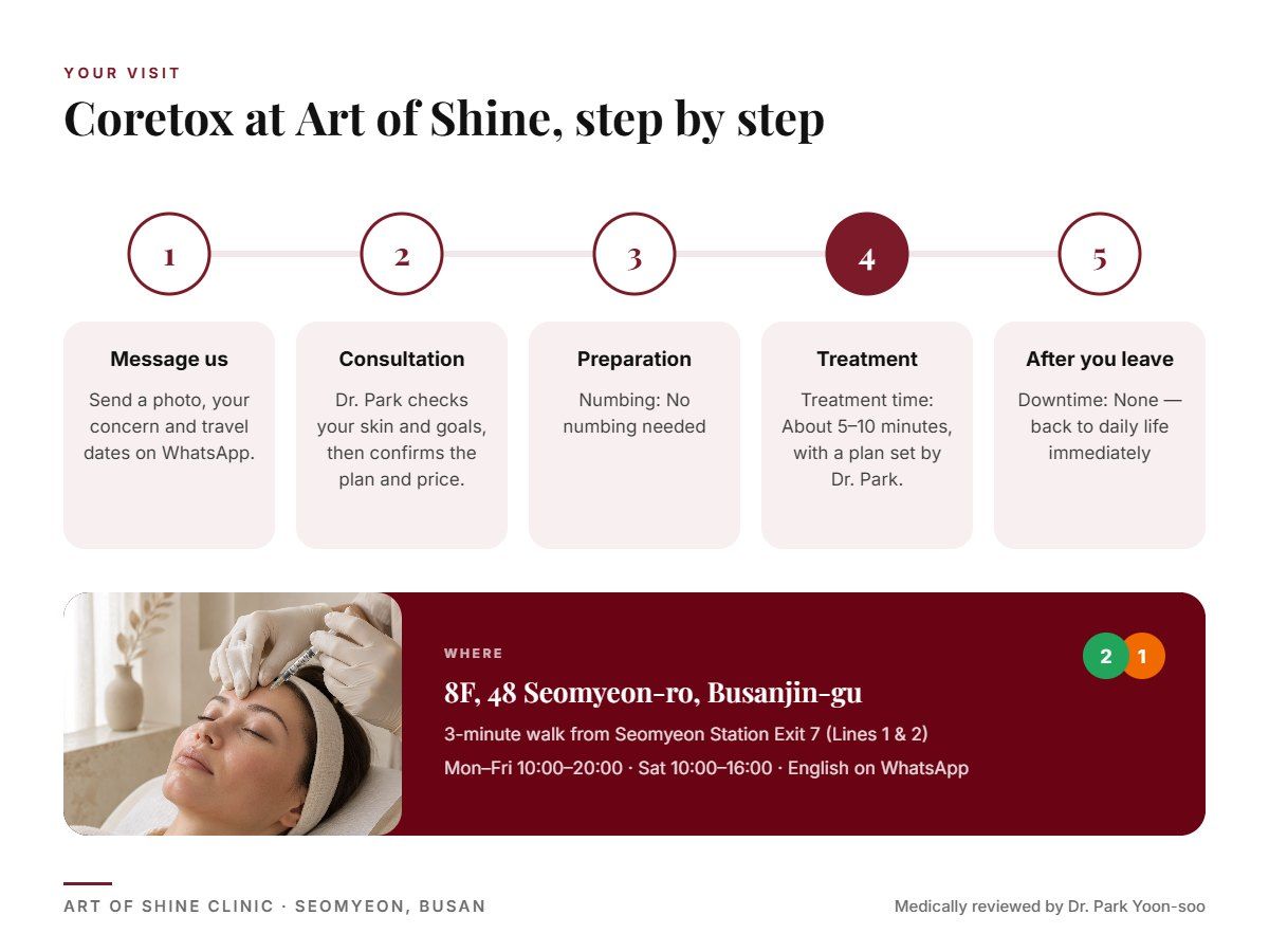 Your Coretox visit at Art of Shine Clinic in Seomyeon, Busan in 5 steps, from WhatsApp booking to aftercare