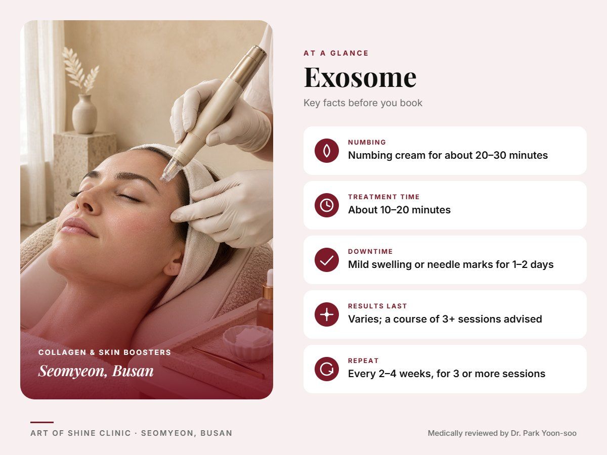 Exosome in Busan at a glance: numbing, treatment time (About 10&ndash;20 minutes), downtime, how long results last and repeat interval, Art of Shine Clinic