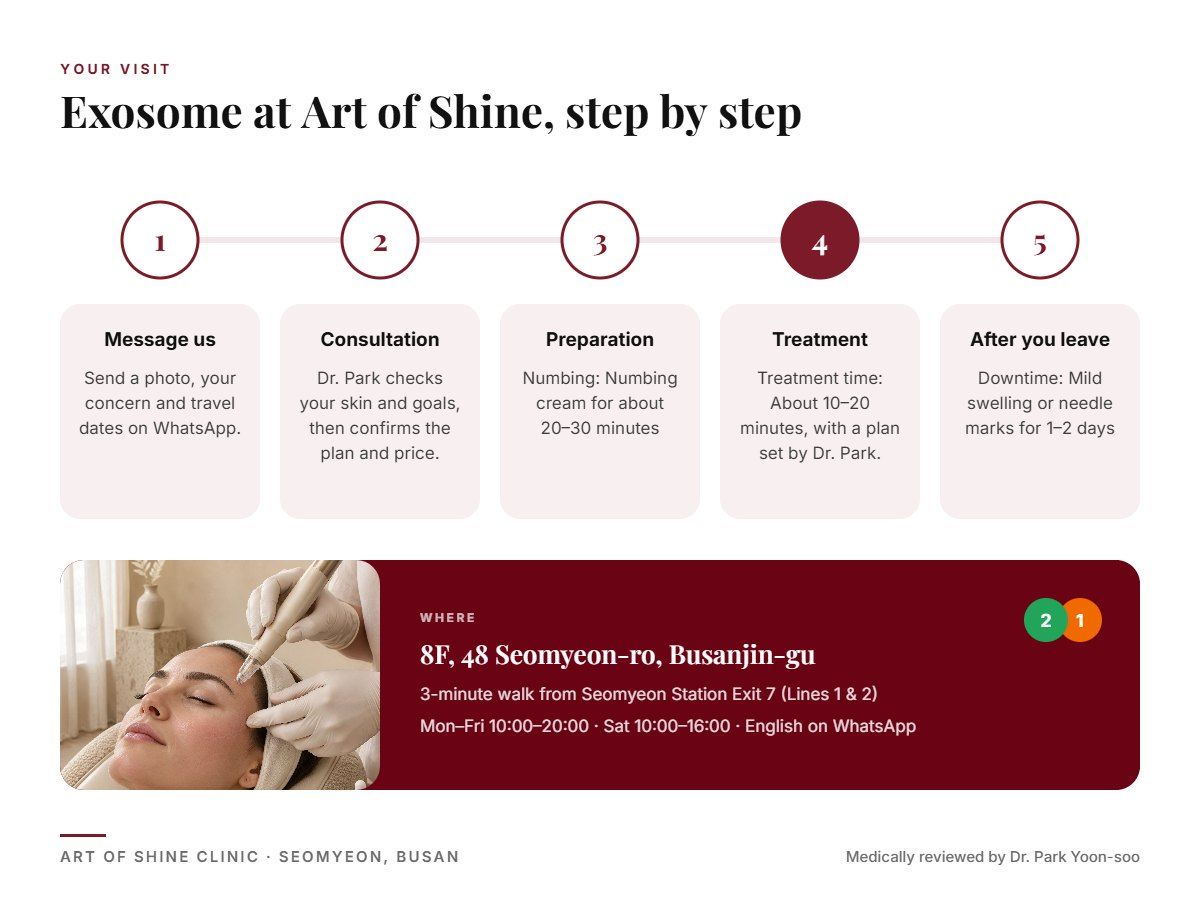 Your Exosome visit at Art of Shine Clinic in Seomyeon, Busan in 5 steps, from WhatsApp booking to aftercare