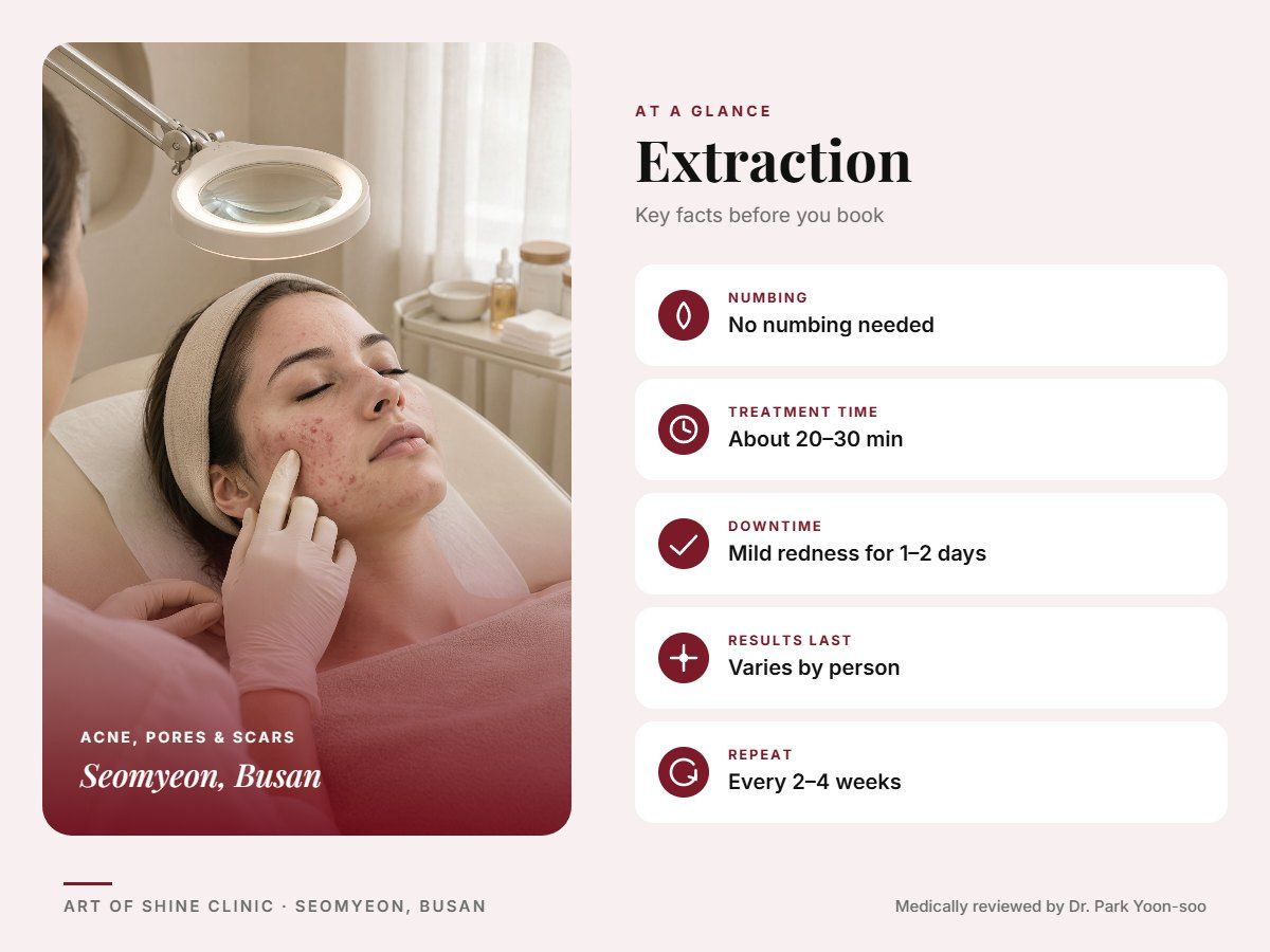 Extraction in Busan at a glance: numbing, treatment time (About 20&ndash;30 min), downtime, how long results last and repeat interval, Art of Shine Clinic