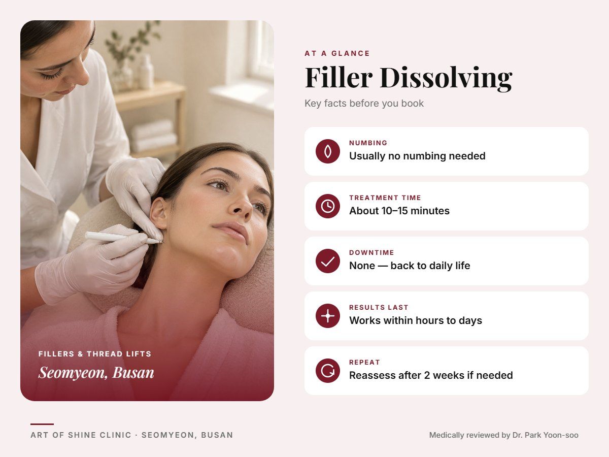 Filler Dissolving in Busan at a glance: numbing, treatment time (About 10&ndash;15 minutes), downtime, how long results last and repeat interval, Art of Shine Clinic