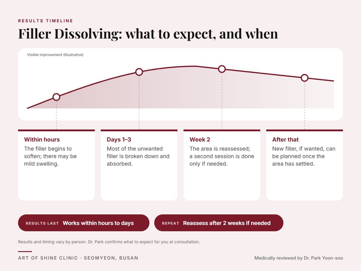 Filler Dissolving results timeline: when results appear and peak, and how long they last (Works within hours to days)