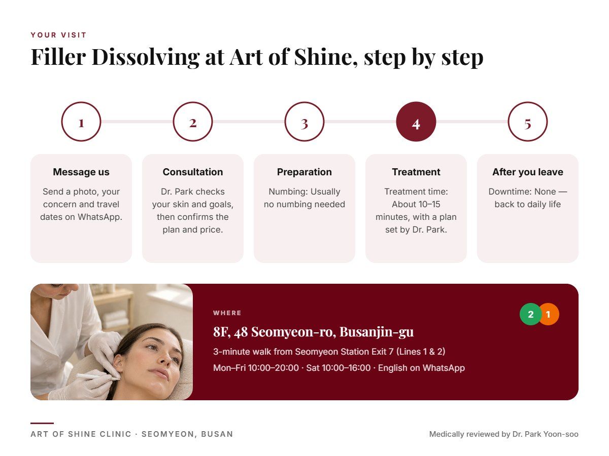 Your Filler Dissolving visit at Art of Shine Clinic in Seomyeon, Busan in 5 steps, from WhatsApp booking to aftercare