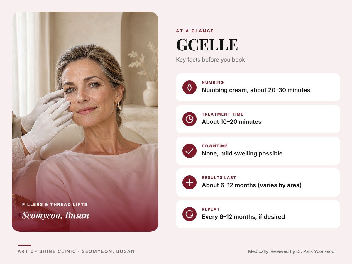 GCELLE in Busan at a glance: numbing, treatment time (About 10&ndash;20 minutes), downtime, how long results last and repeat interval, Art of Shine Clinic