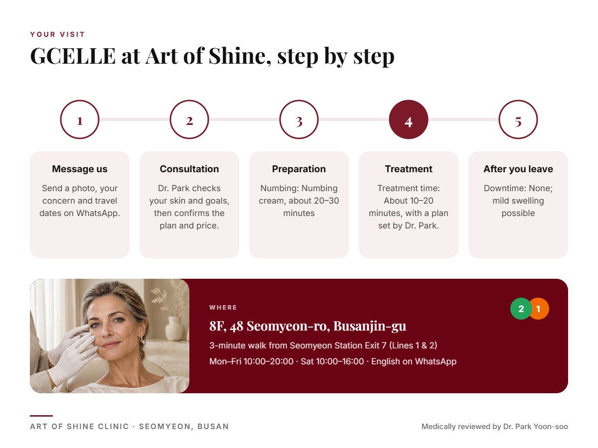 Your GCELLE visit at Art of Shine Clinic in Seomyeon, Busan in 5 steps, from WhatsApp booking to aftercare