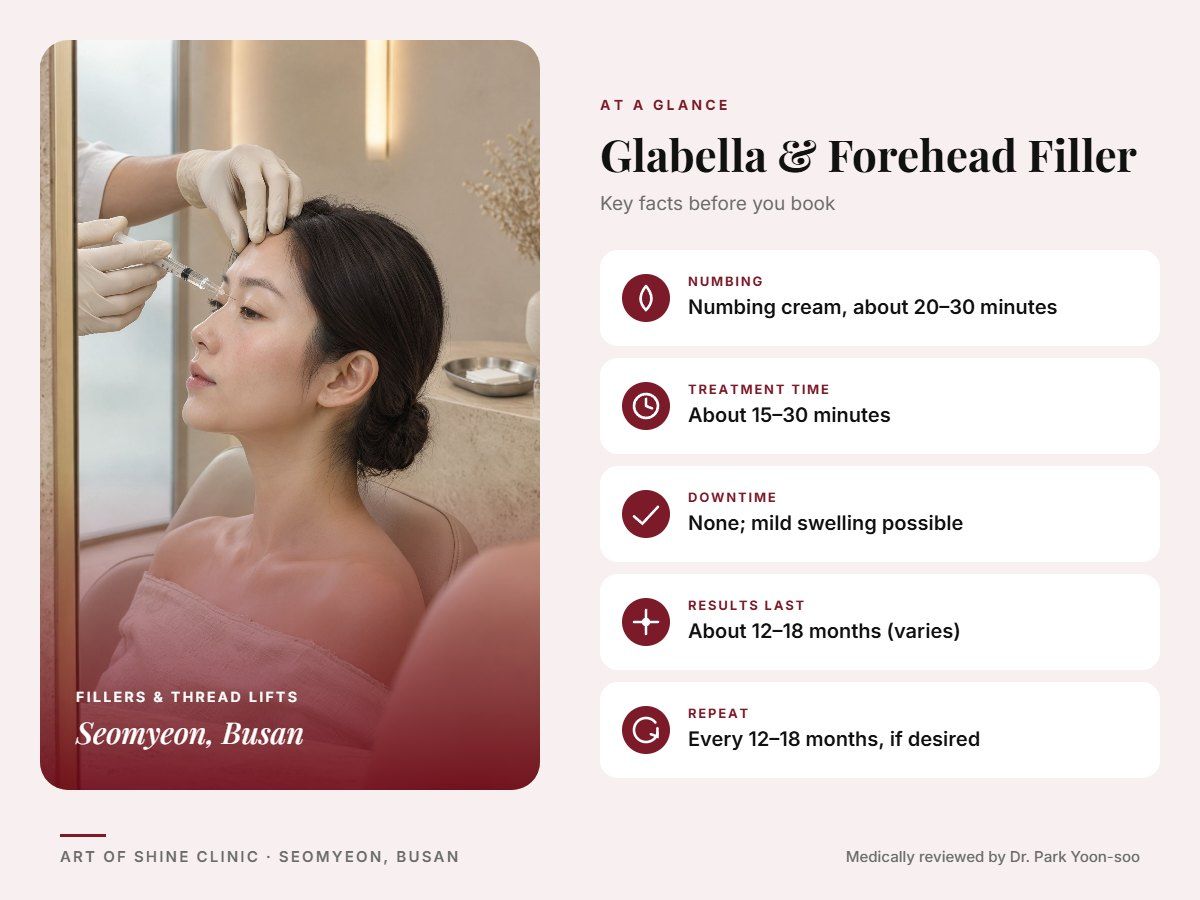 Glabella & Forehead Filler in Busan at a glance: numbing, treatment time (About 15&ndash;30 minutes), downtime, how long results last and repeat interval, Art of Shine Clinic