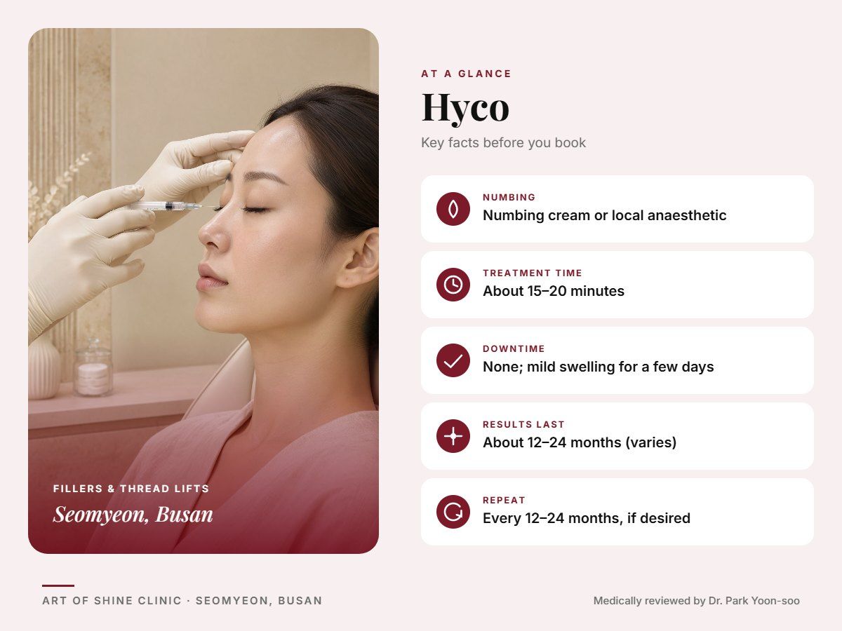 Hyco in Busan at a glance: numbing, treatment time (About 15&ndash;20 minutes), downtime, how long results last and repeat interval, Art of Shine Clinic