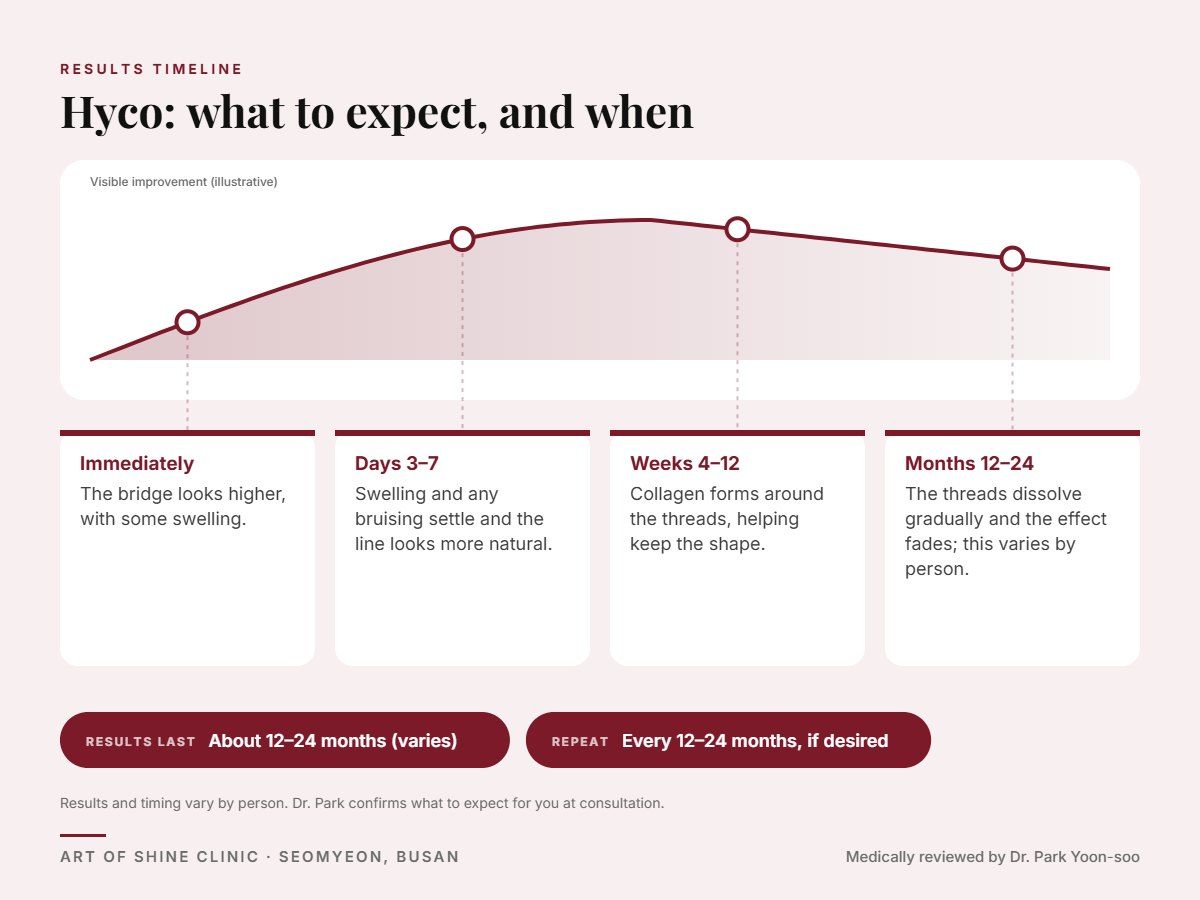 Hyco results timeline: when results appear and peak, and how long they last (About 12&ndash;24 months (varies))