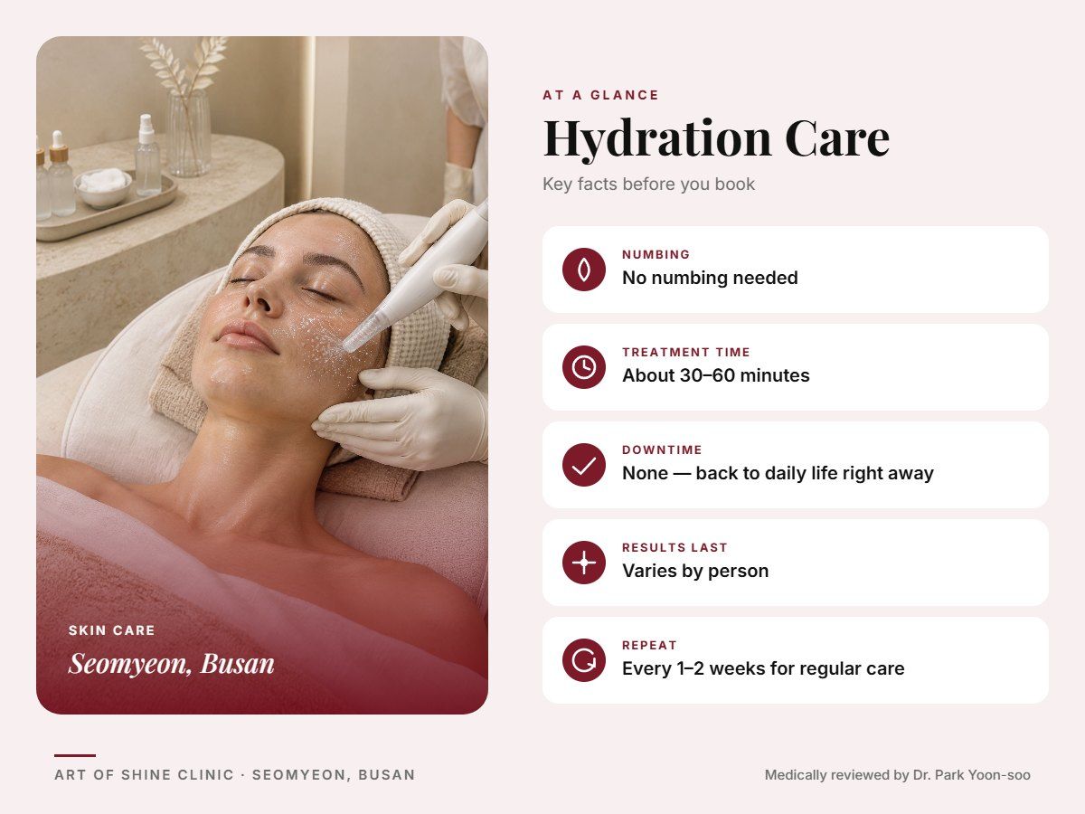 Hydration Care in Busan at a glance: numbing, treatment time (About 30&ndash;60 minutes), downtime, how long results last and repeat interval, Art of Shine Clinic