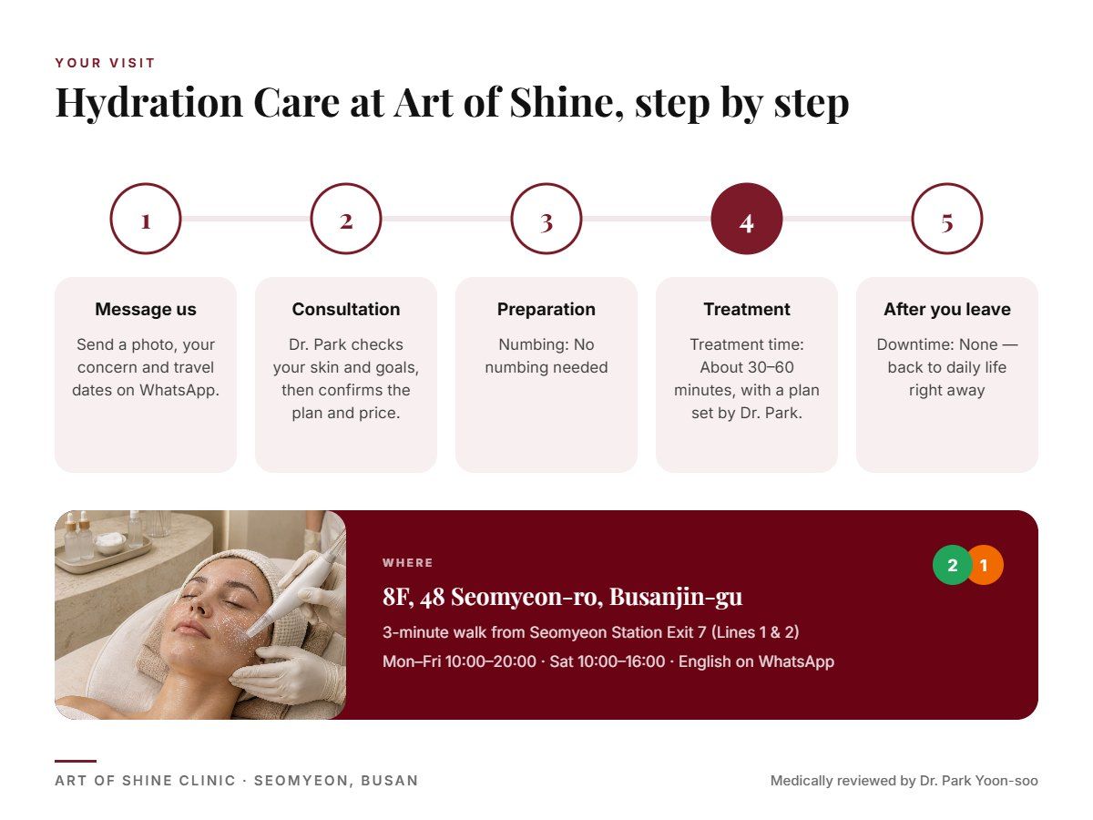 Your Hydration Care visit at Art of Shine Clinic in Seomyeon, Busan in 5 steps, from WhatsApp booking to aftercare