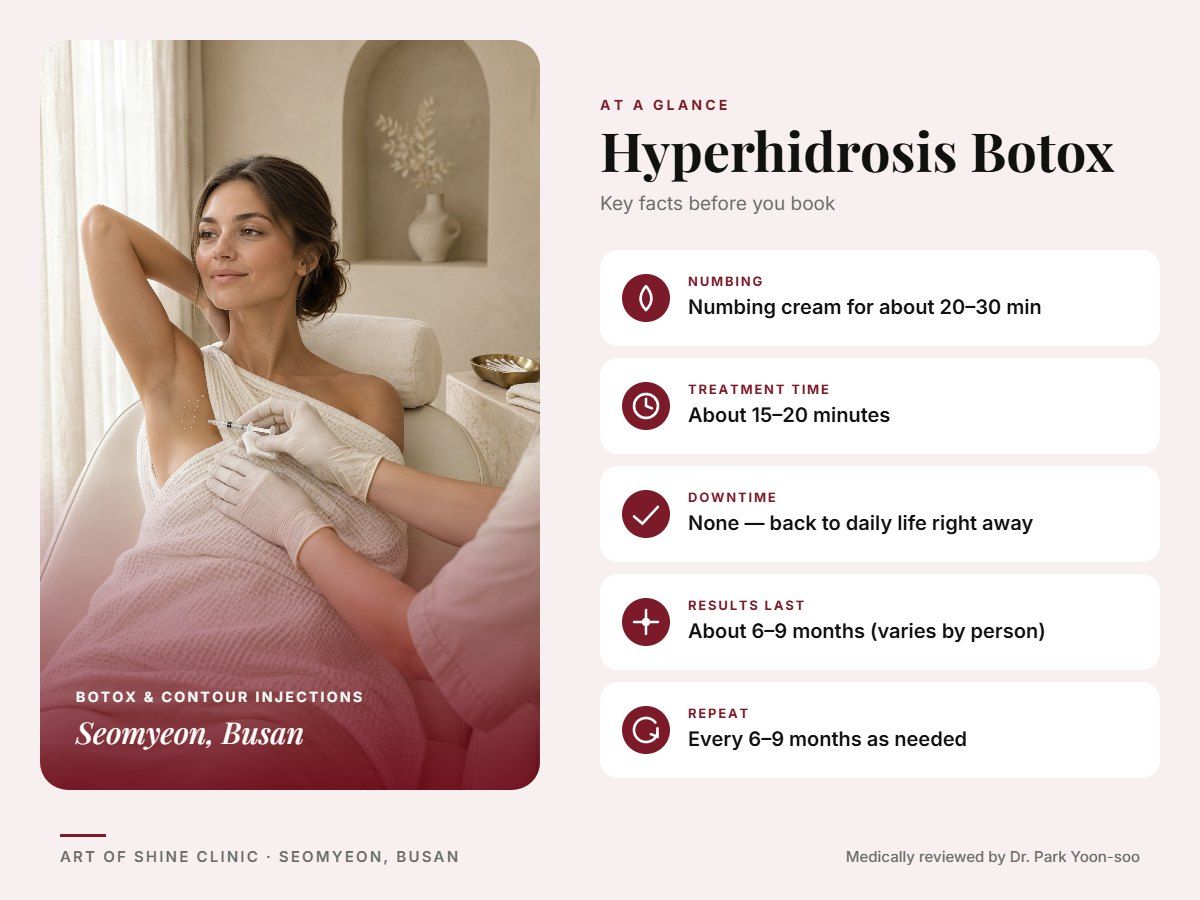Hyperhidrosis Botox in Busan at a glance: numbing, treatment time (About 15&ndash;20 minutes), downtime, how long results last and repeat interval, Art of Shine Clinic