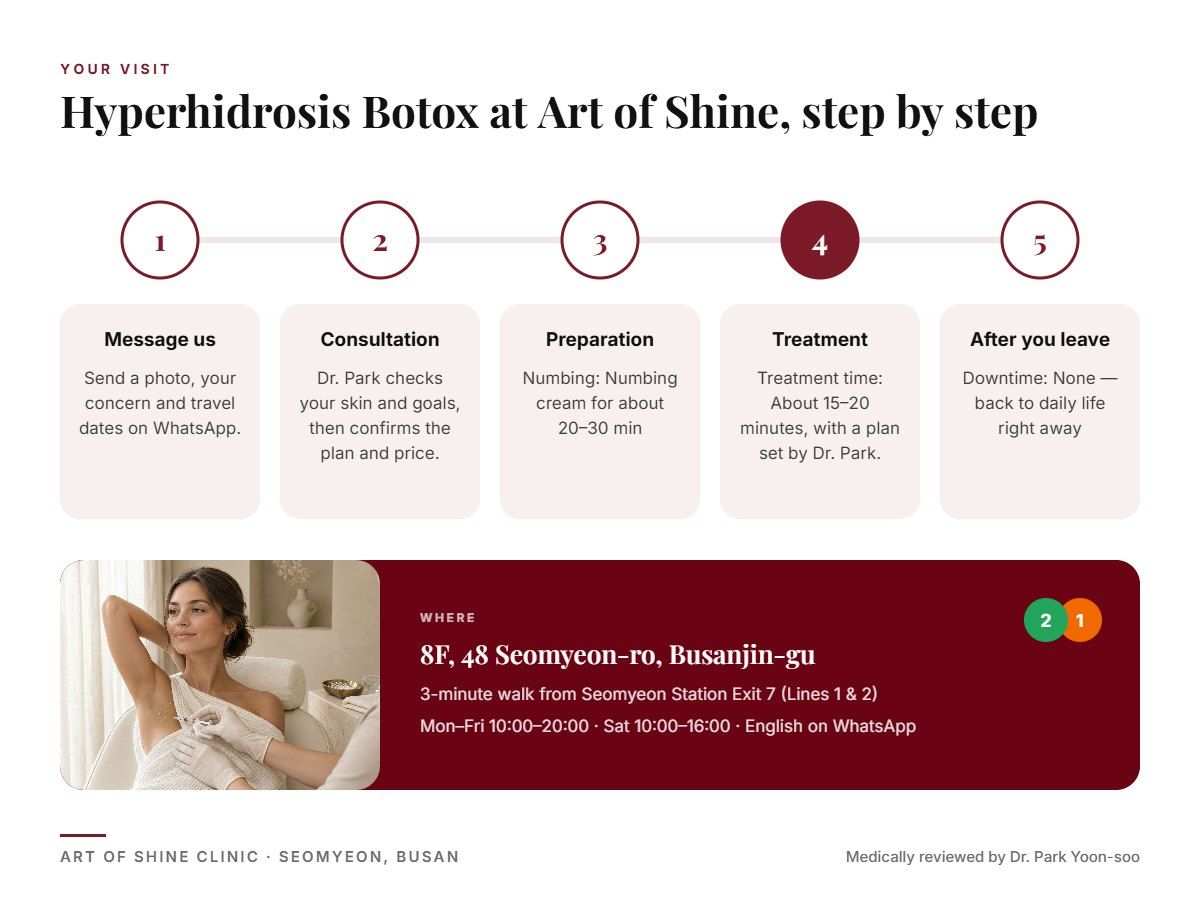 Your Hyperhidrosis Botox visit at Art of Shine Clinic in Seomyeon, Busan in 5 steps, from WhatsApp booking to aftercare