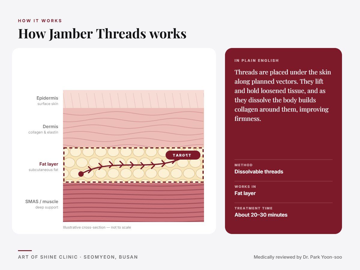 How Jamber Threads works: illustrated skin cross-section showing dissolvable threads reaching the fat layer