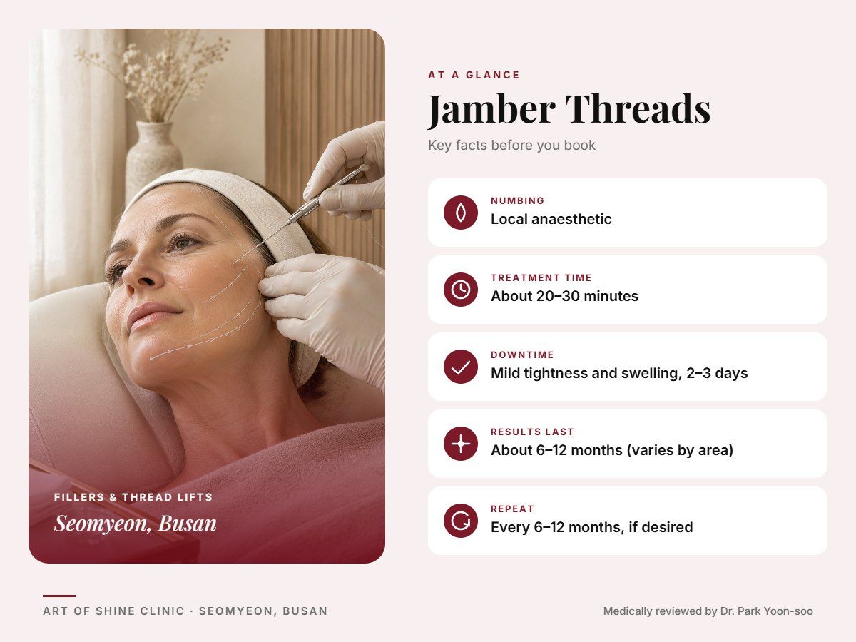 Jamber Threads in Busan at a glance: numbing, treatment time (About 20&ndash;30 minutes), downtime, how long results last and repeat interval, Art of Shine Clinic