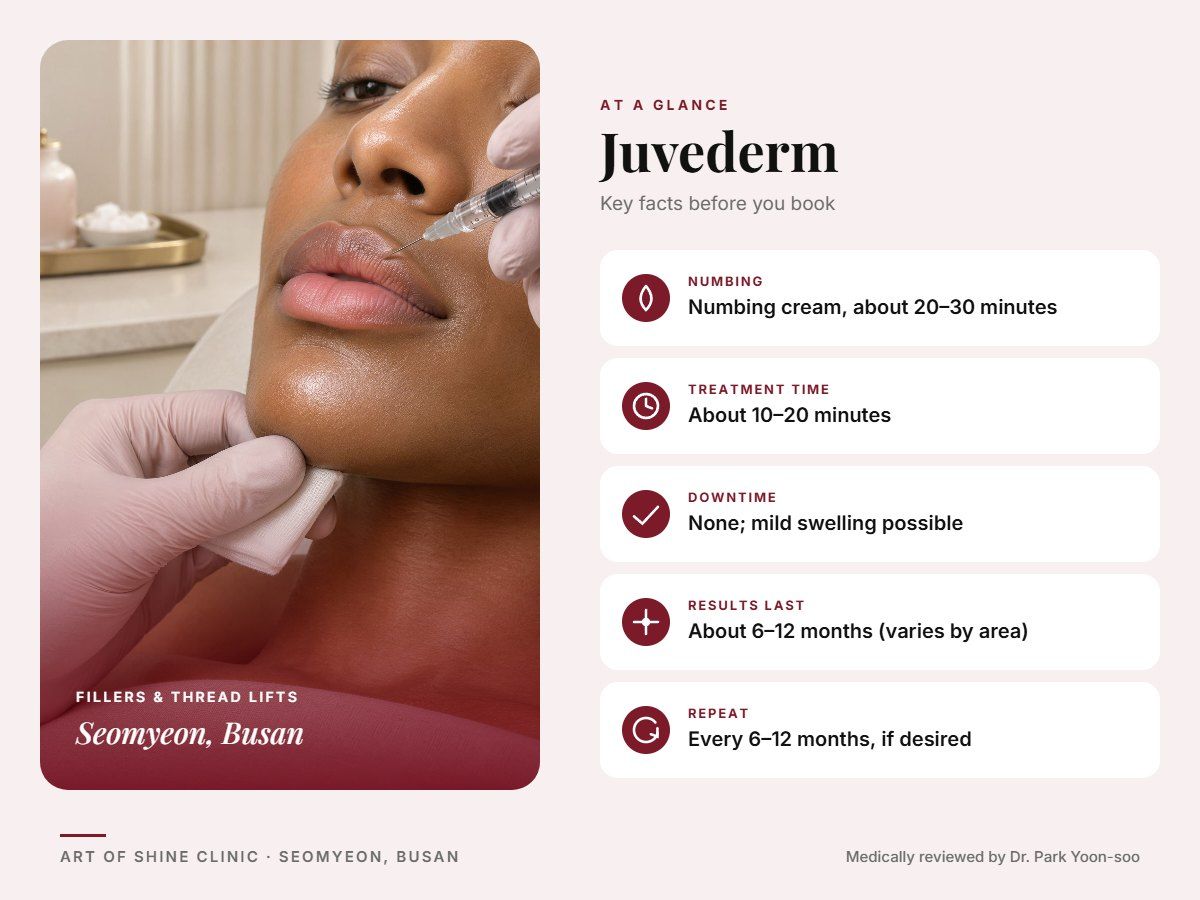 Juvederm in Busan at a glance: numbing, treatment time (About 10&ndash;20 minutes), downtime, how long results last and repeat interval, Art of Shine Clinic