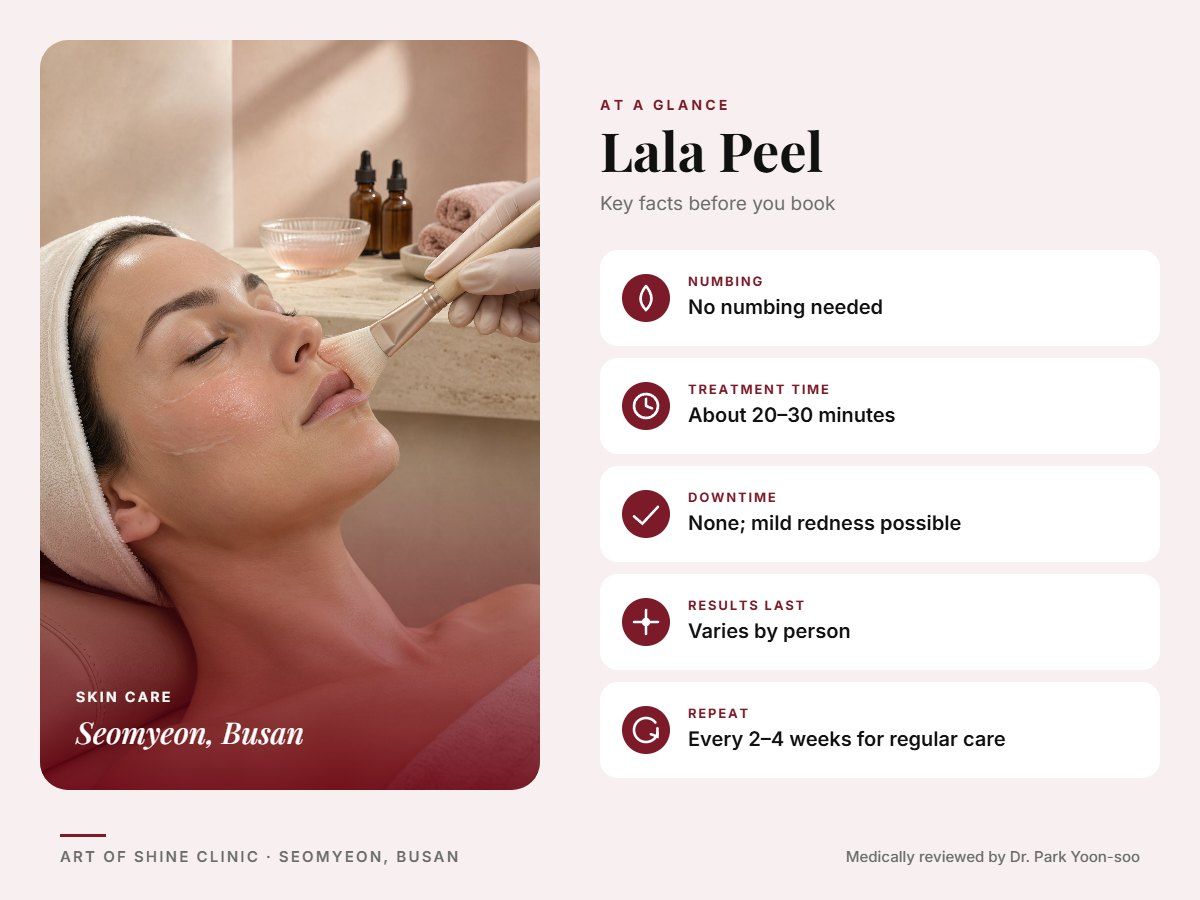 Lala Peel in Busan at a glance: numbing, treatment time (About 20&ndash;30 minutes), downtime, how long results last and repeat interval, Art of Shine Clinic