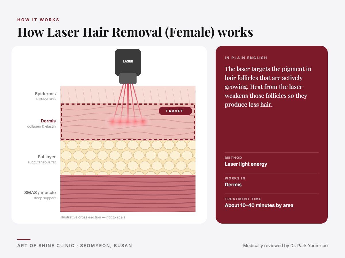 How Laser Hair Removal (Female) works: illustrated skin cross-section showing laser light energy reaching the dermis