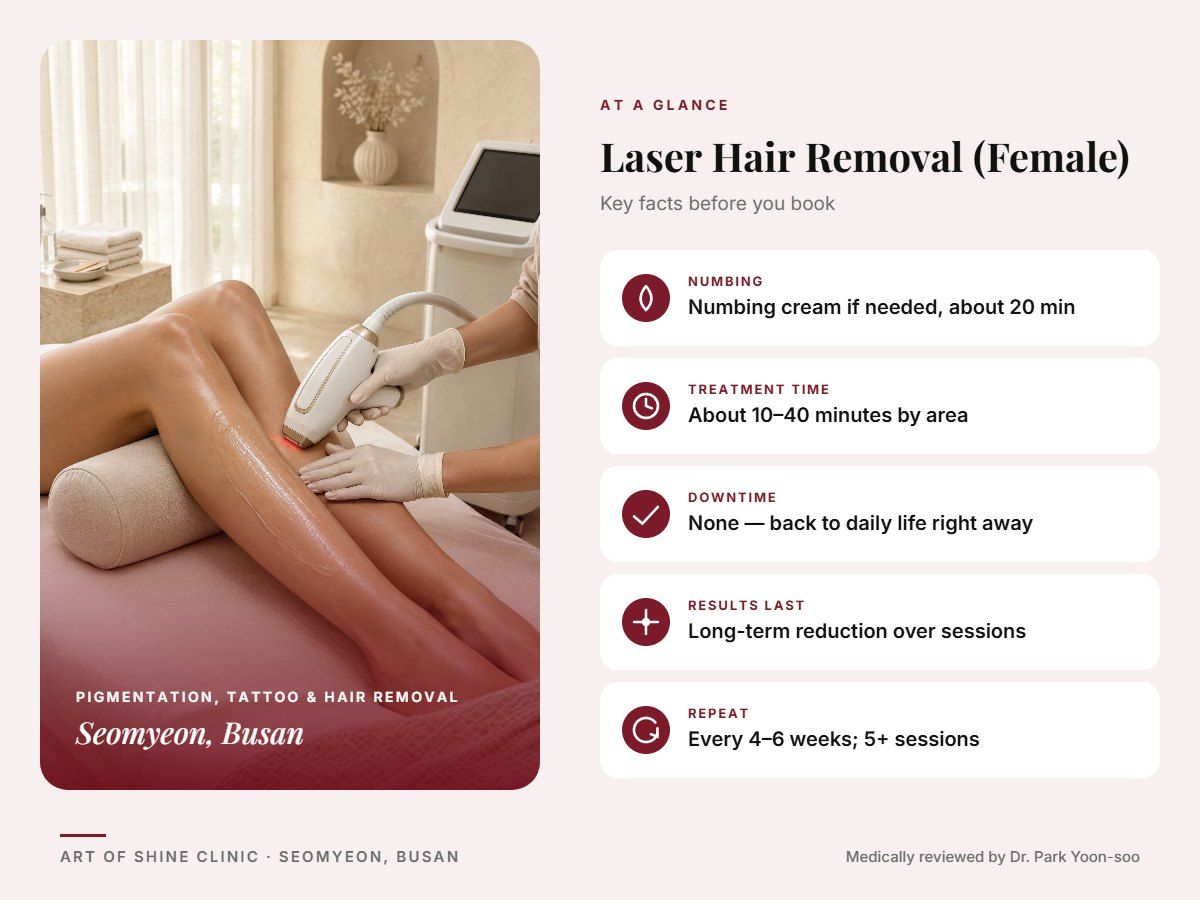 Laser Hair Removal (Female) in Busan at a glance: numbing, treatment time (About 10&ndash;40 minutes by area), downtime, how long results last and repeat interval, Art of Shine Clinic