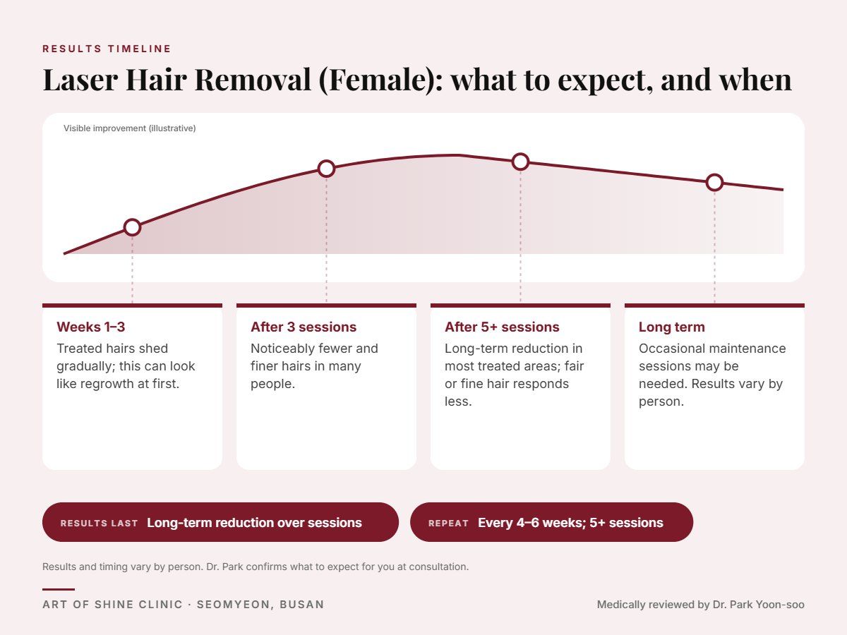 Laser Hair Removal (Female) results timeline: when results appear and peak, and how long they last (Long-term reduction over sessions)