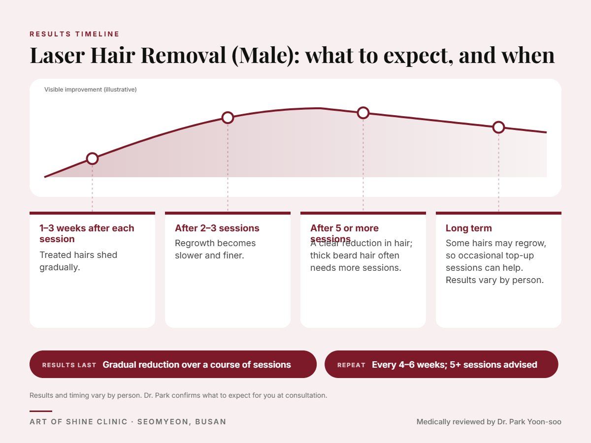 Laser Hair Removal (Male) results timeline: when results appear and peak, and how long they last (Gradual reduction over a course of sessions)