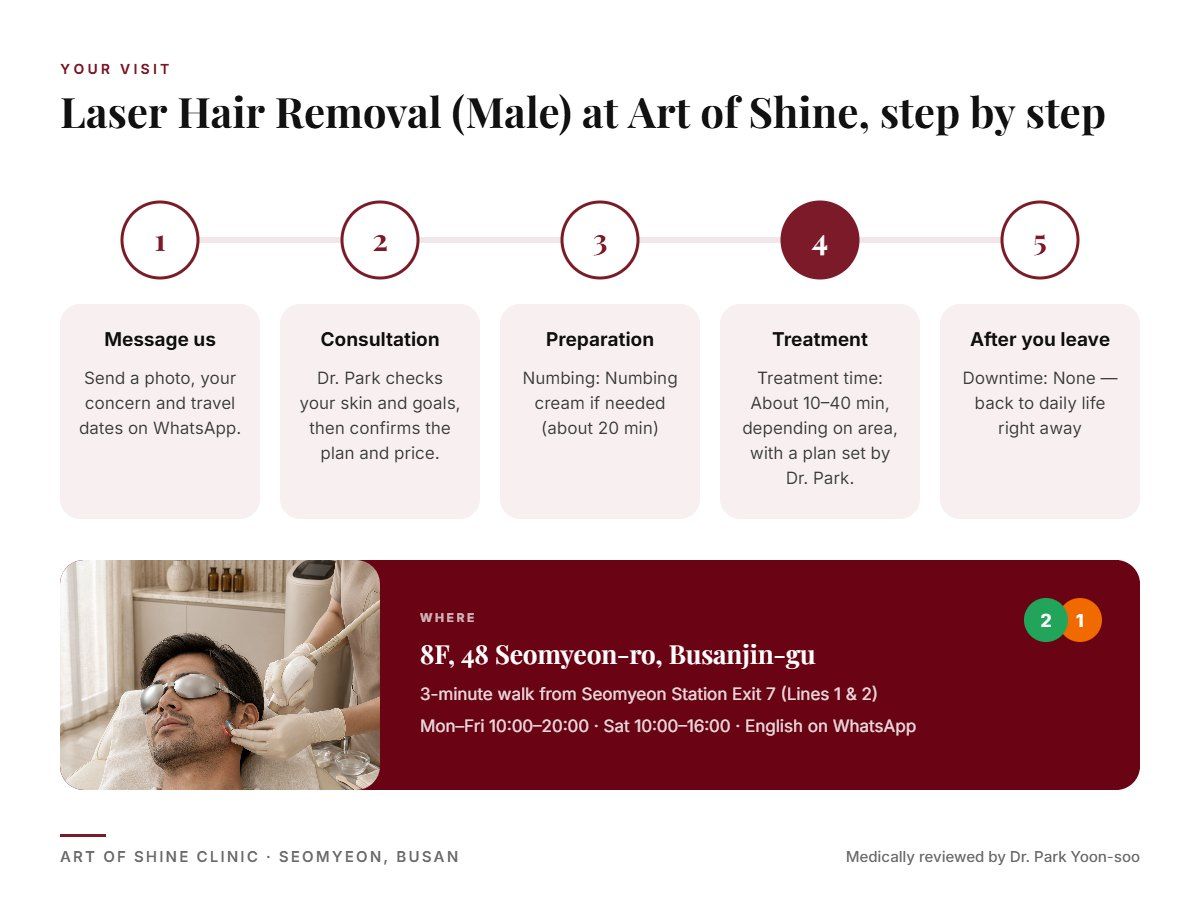 Your Laser Hair Removal (Male) visit at Art of Shine Clinic in Seomyeon, Busan in 5 steps, from WhatsApp booking to aftercare