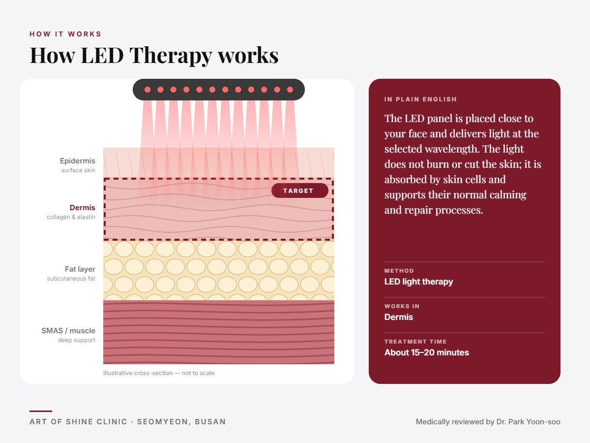 How LED Therapy works: illustrated skin cross-section showing LED light therapy reaching the dermis