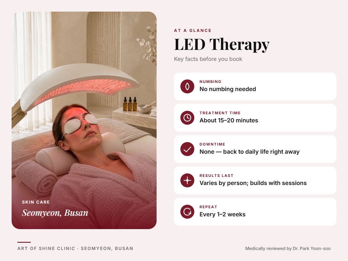 LED Therapy in Busan at a glance: numbing, treatment time (About 15&ndash;20 minutes), downtime, how long results last and repeat interval, Art of Shine Clinic