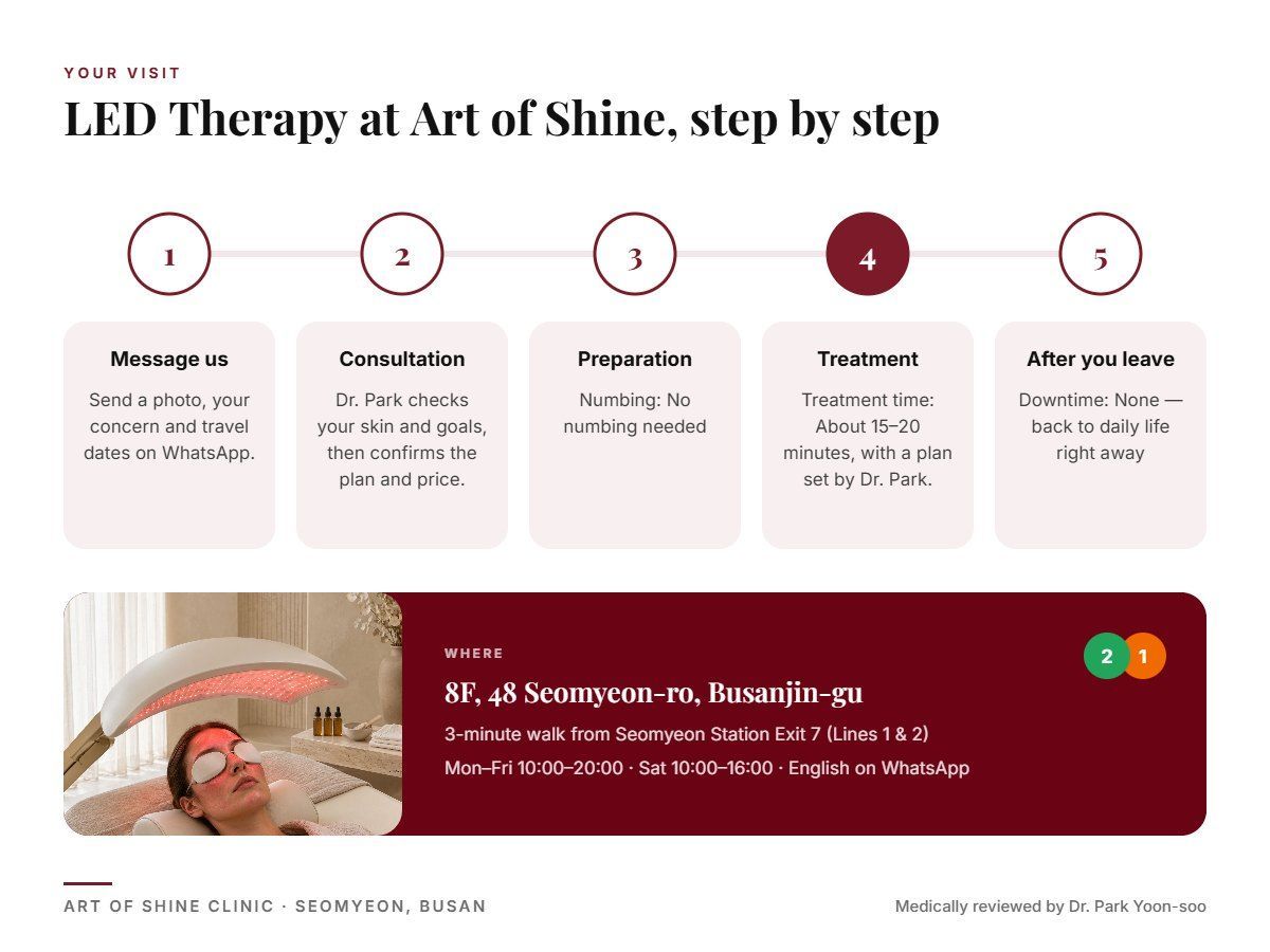 Your LED Therapy visit at Art of Shine Clinic in Seomyeon, Busan in 5 steps, from WhatsApp booking to aftercare