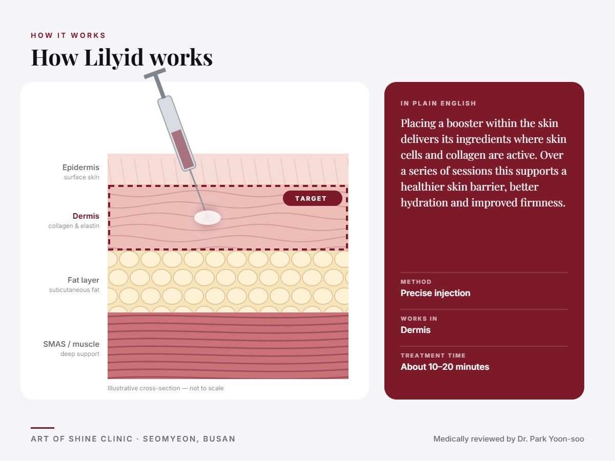 How Lilyid works: illustrated skin cross-section showing precise injection reaching the dermis