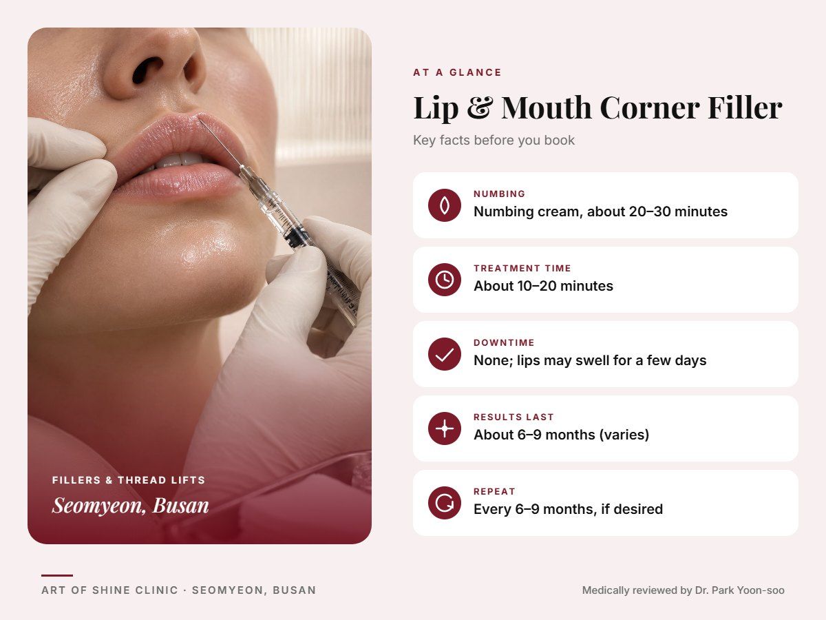 Lip & Mouth Corner Filler in Busan at a glance: numbing, treatment time (About 10&ndash;20 minutes), downtime, how long results last and repeat interval, Art of Shine Clinic