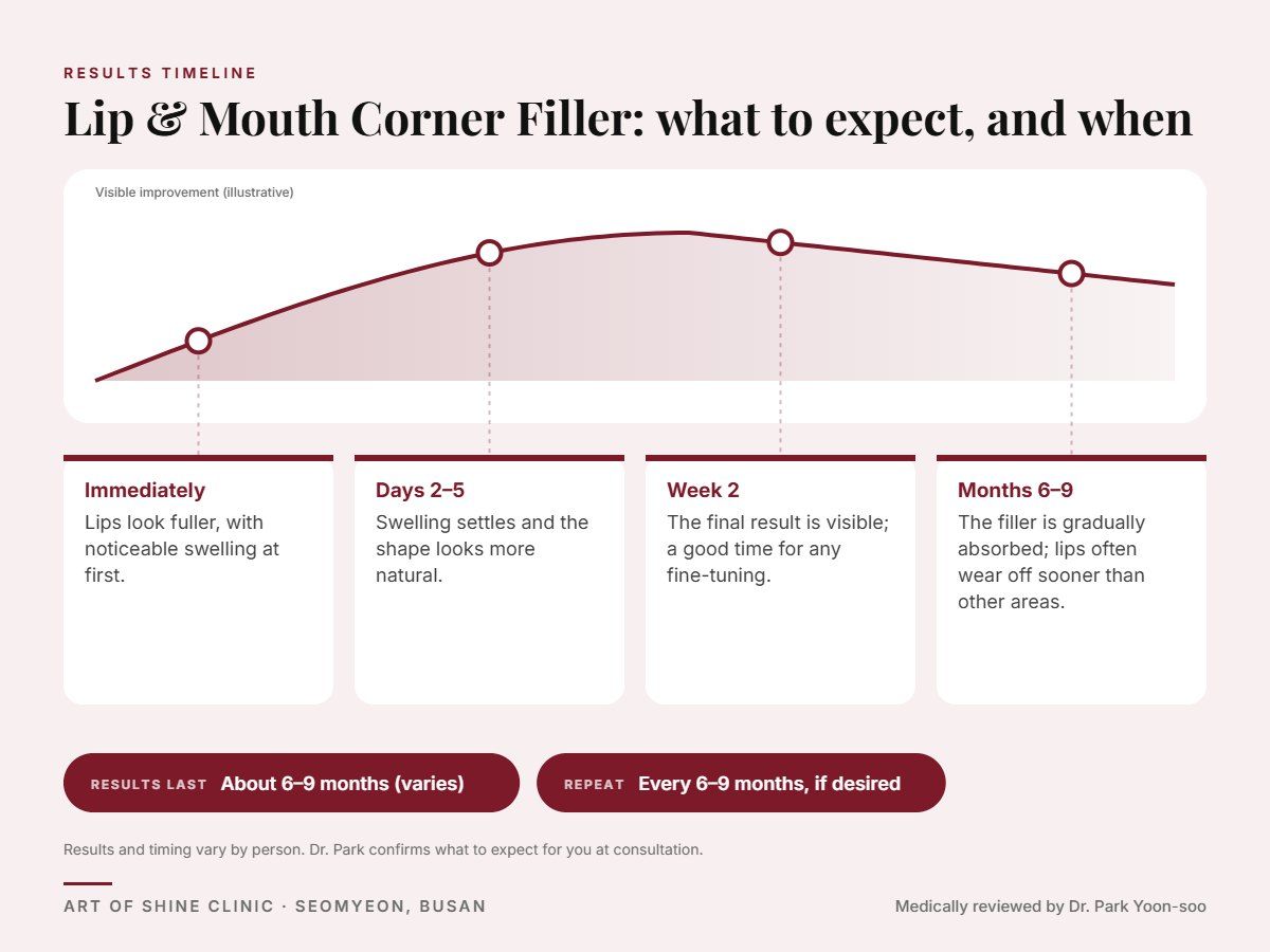 Lip & Mouth Corner Filler results timeline: when results appear and peak, and how long they last (About 6&ndash;9 months (varies))