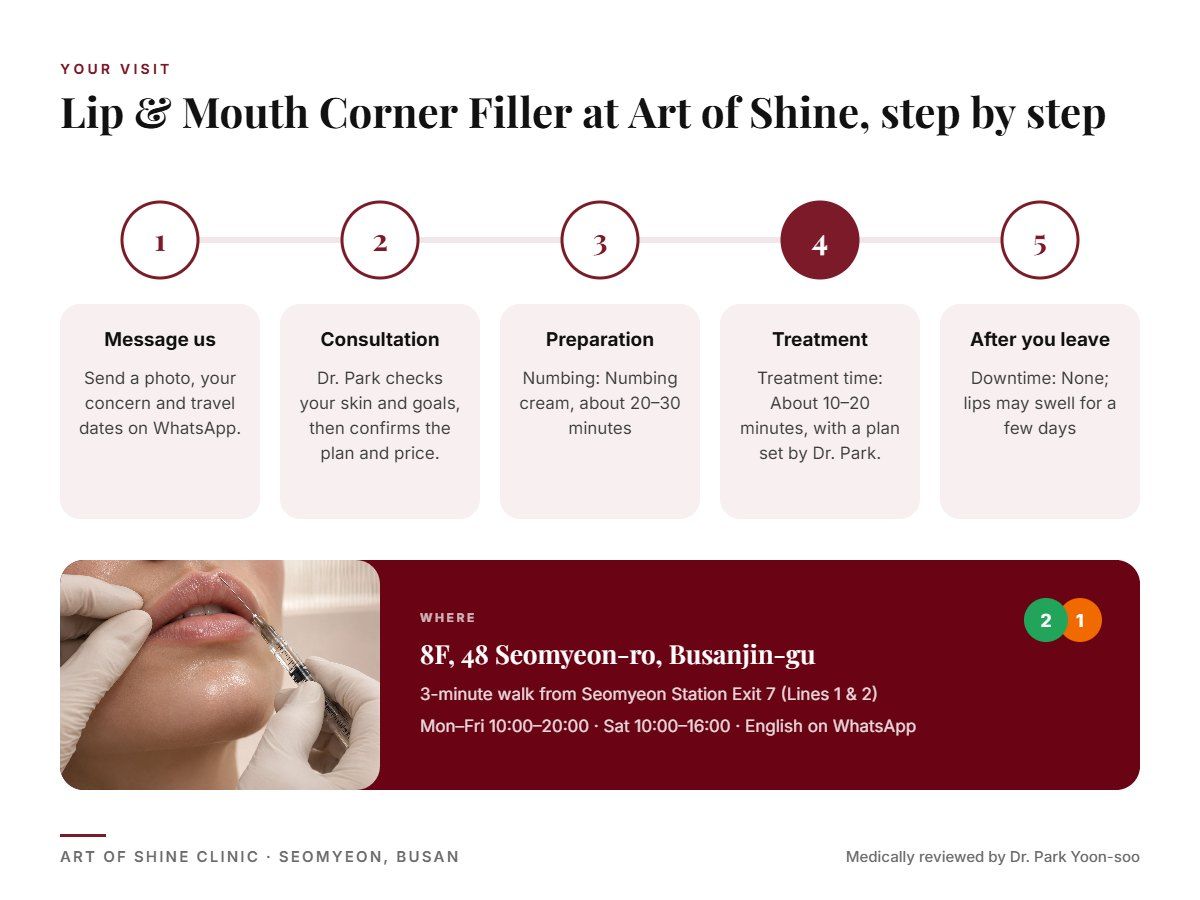 Your Lip & Mouth Corner Filler visit at Art of Shine Clinic in Seomyeon, Busan in 5 steps, from WhatsApp booking to aftercare