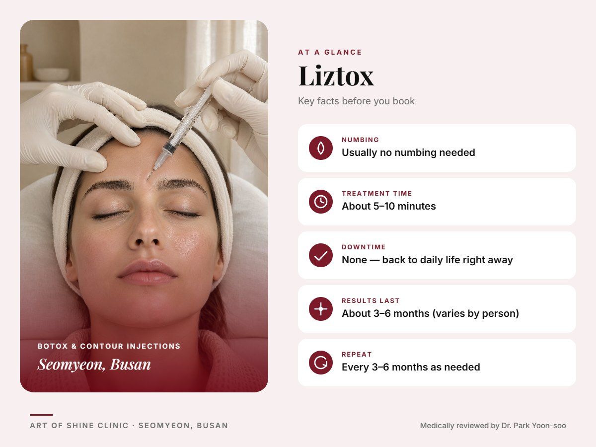 Liztox in Busan at a glance: numbing, treatment time (About 5&ndash;10 minutes), downtime, how long results last and repeat interval, Art of Shine Clinic