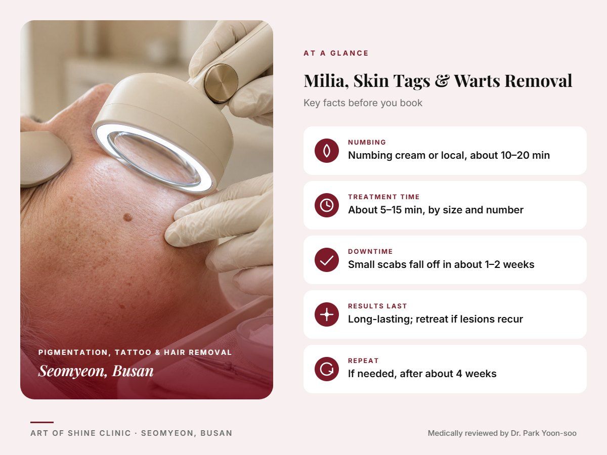 Milia, Skin Tags & Warts Removal in Busan at a glance: numbing, treatment time (About 5&ndash;15 min, by size and number), downtime, how long results last and repeat interval, Art of Shine Clinic