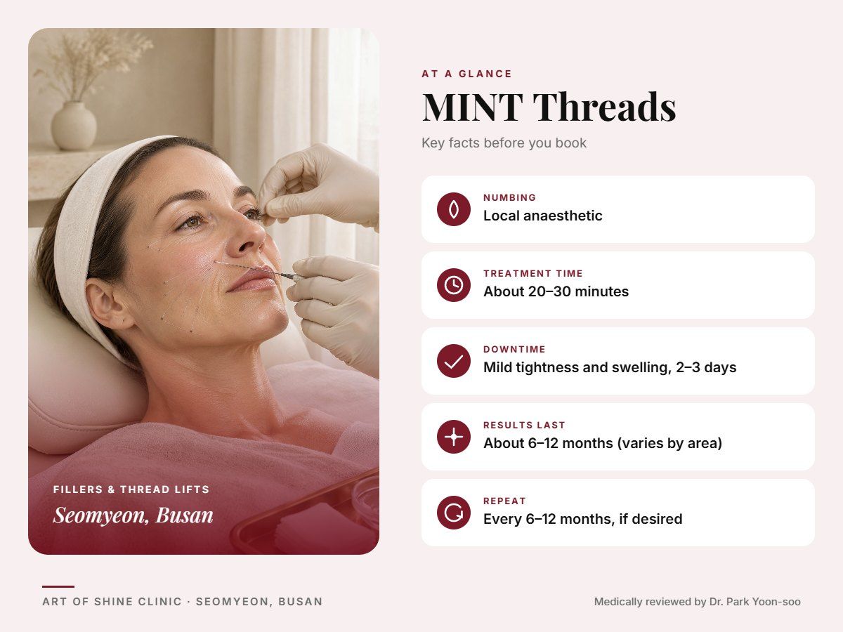 MINT Threads in Busan at a glance: numbing, treatment time (About 20&ndash;30 minutes), downtime, how long results last and repeat interval, Art of Shine Clinic