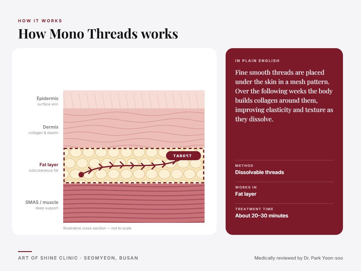 How Mono Threads works: illustrated skin cross-section showing dissolvable threads reaching the fat layer