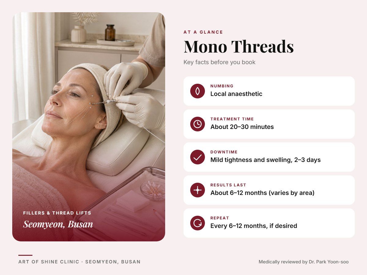Mono Threads in Busan at a glance: numbing, treatment time (About 20&ndash;30 minutes), downtime, how long results last and repeat interval, Art of Shine Clinic