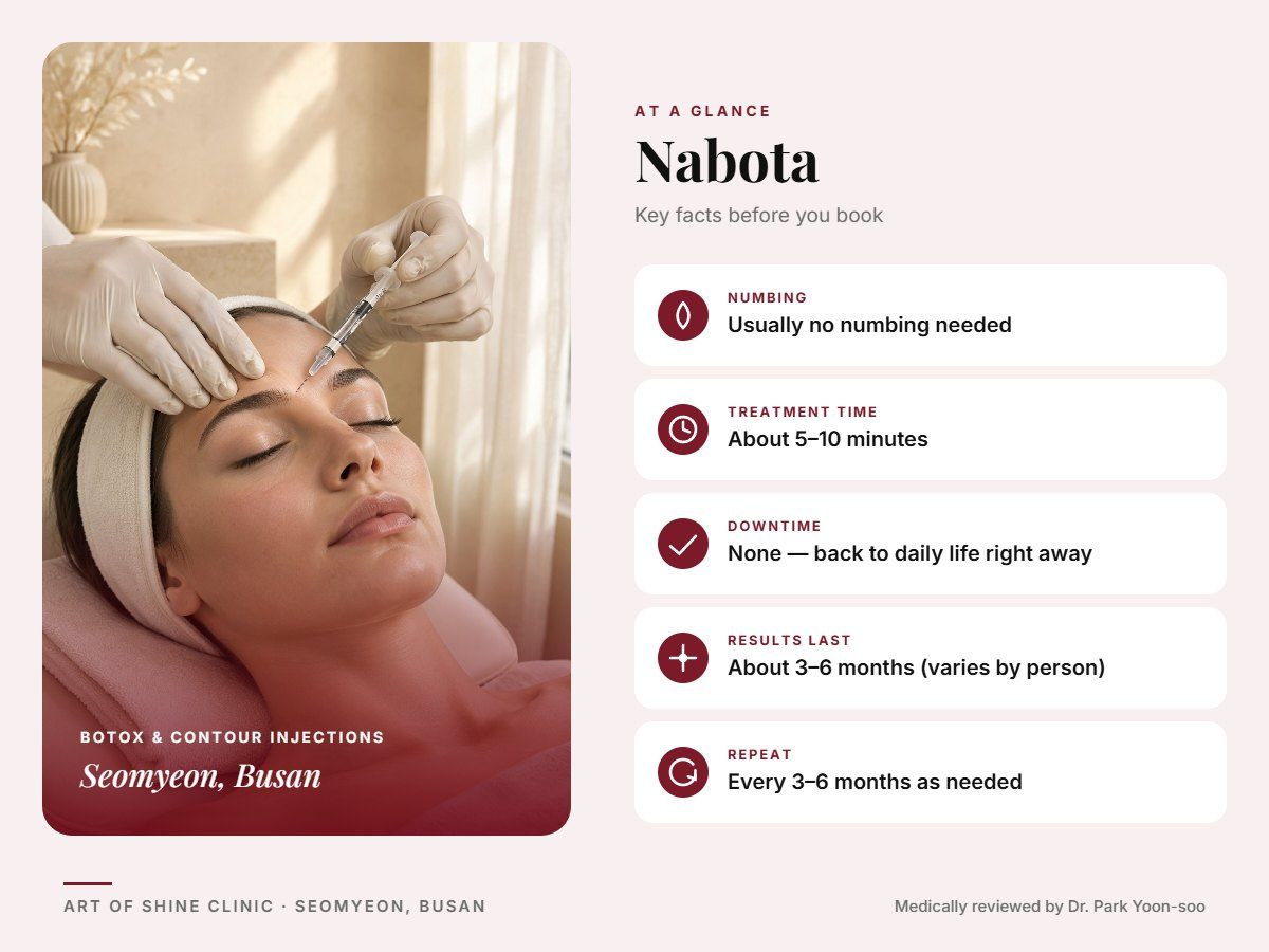 Nabota in Busan at a glance: numbing, treatment time (About 5&ndash;10 minutes), downtime, how long results last and repeat interval, Art of Shine Clinic