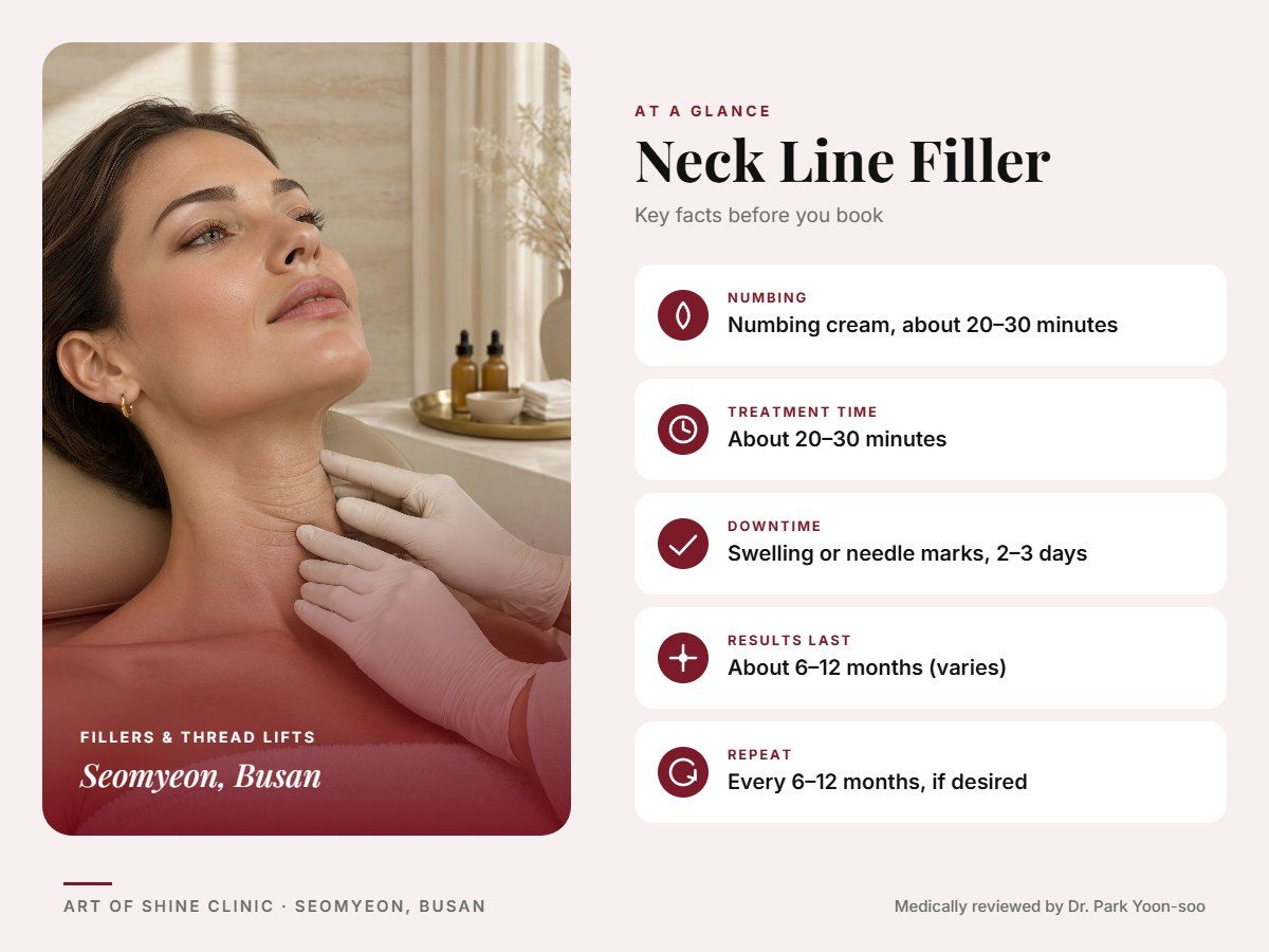 Neck Line Filler in Busan at a glance: numbing, treatment time (About 20&ndash;30 minutes), downtime, how long results last and repeat interval, Art of Shine Clinic