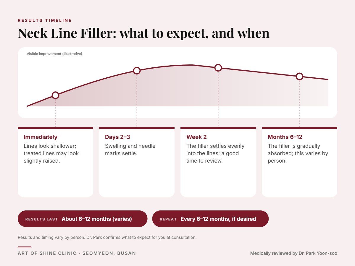 Neck Line Filler results timeline: when results appear and peak, and how long they last (About 6&ndash;12 months (varies))