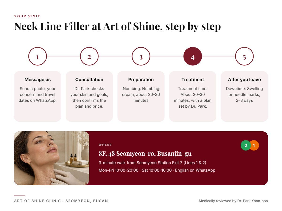 Your Neck Line Filler visit at Art of Shine Clinic in Seomyeon, Busan in 5 steps, from WhatsApp booking to aftercare