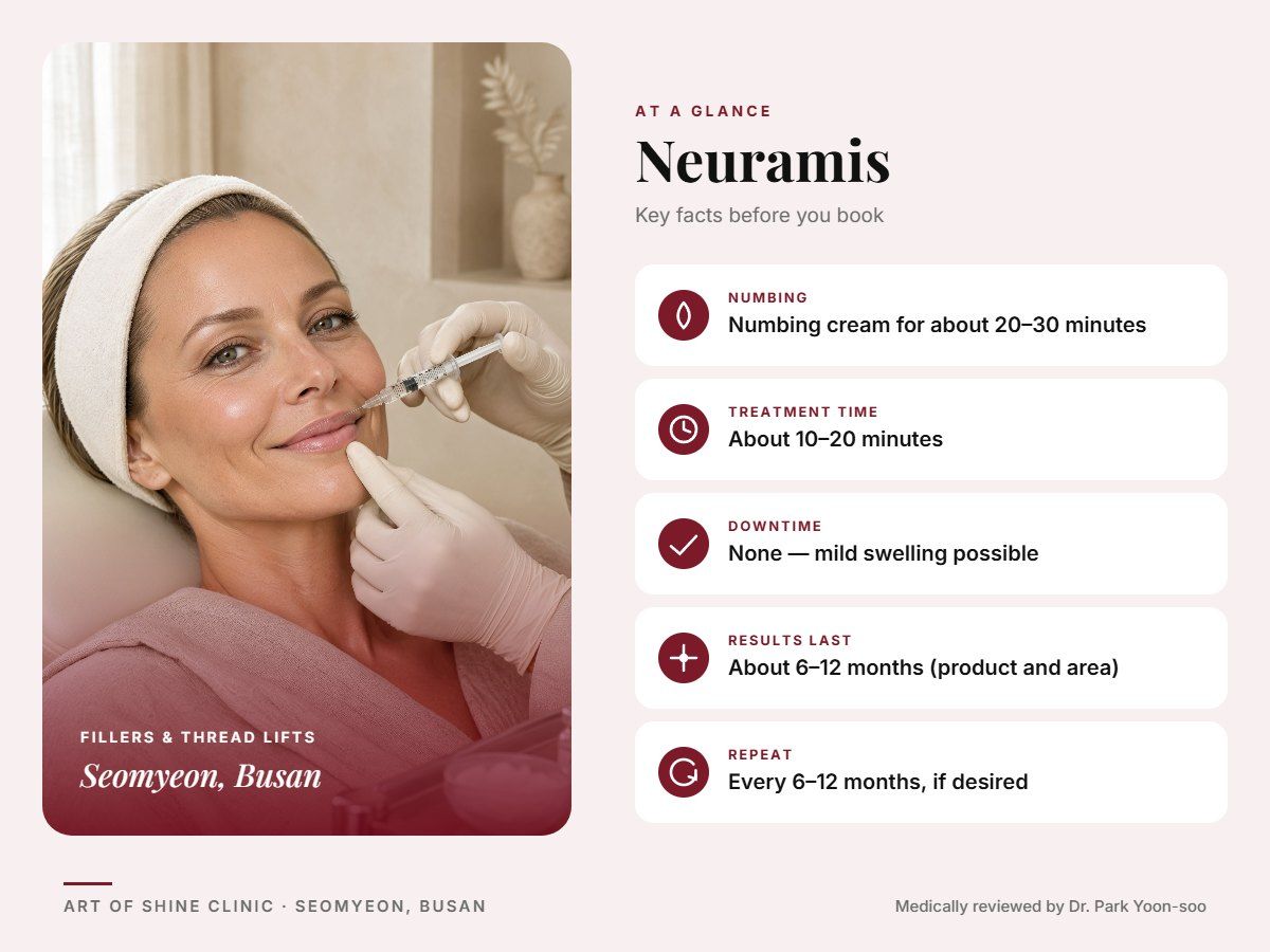 Neuramis in Busan at a glance: numbing, treatment time (About 10&ndash;20 minutes), downtime, how long results last and repeat interval, Art of Shine Clinic