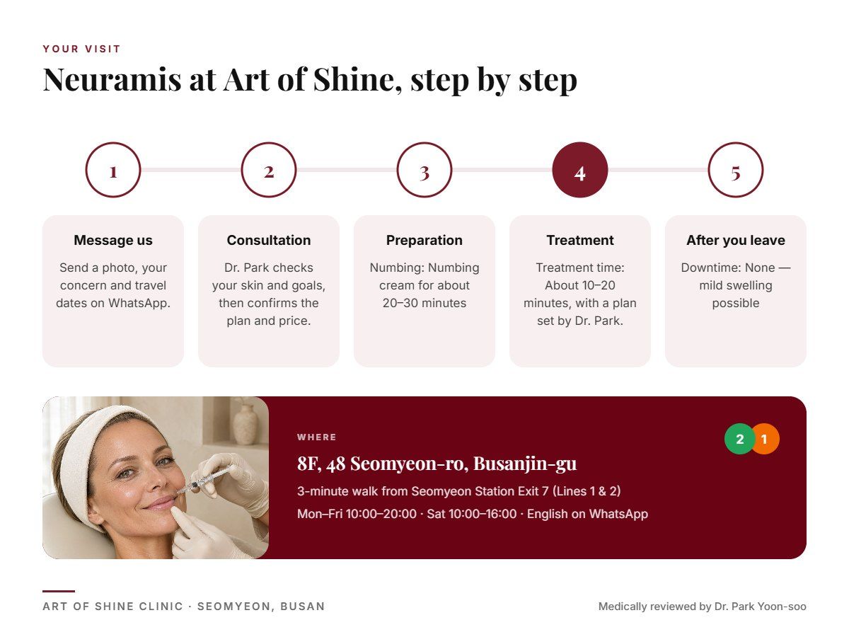 Your Neuramis visit at Art of Shine Clinic in Seomyeon, Busan in 5 steps, from WhatsApp booking to aftercare