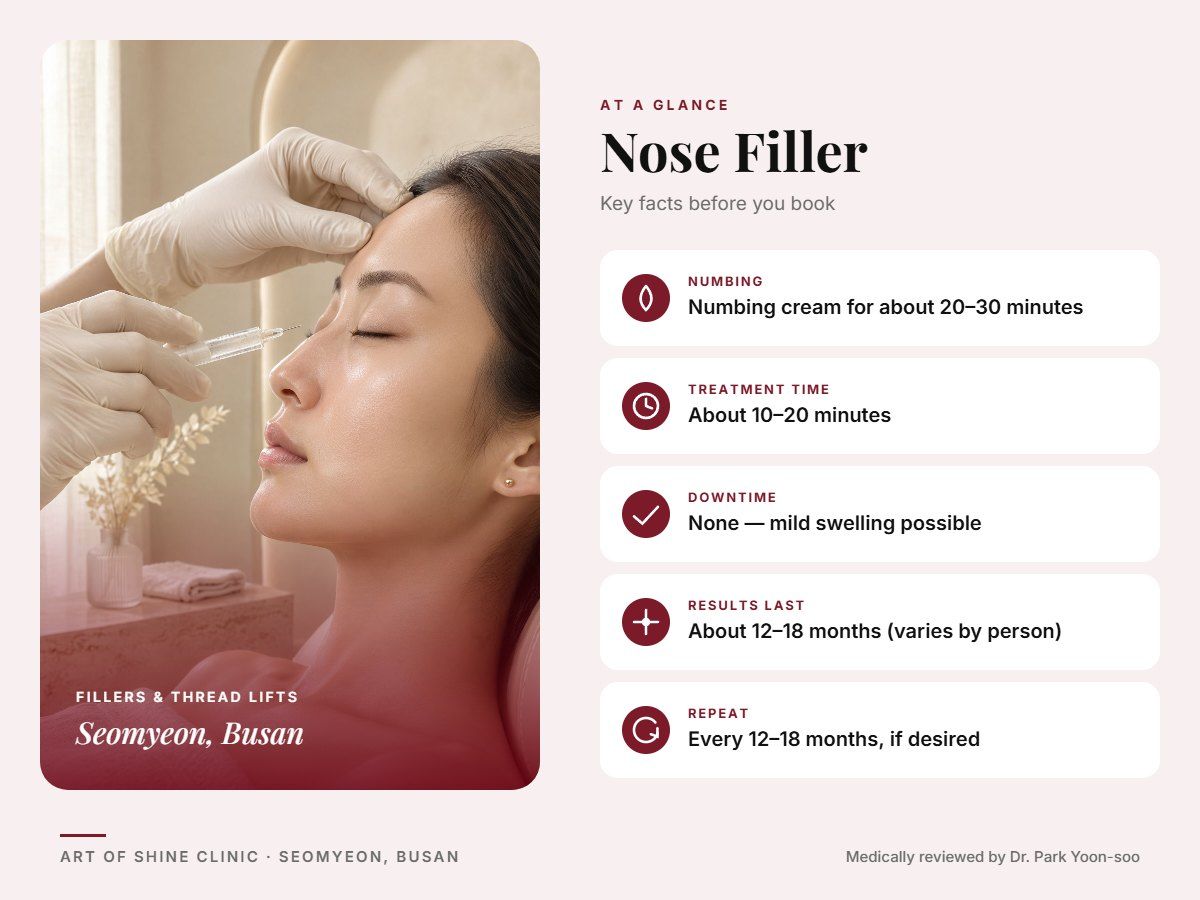 Nose Filler in Busan at a glance: numbing, treatment time (About 10&ndash;20 minutes), downtime, how long results last and repeat interval, Art of Shine Clinic