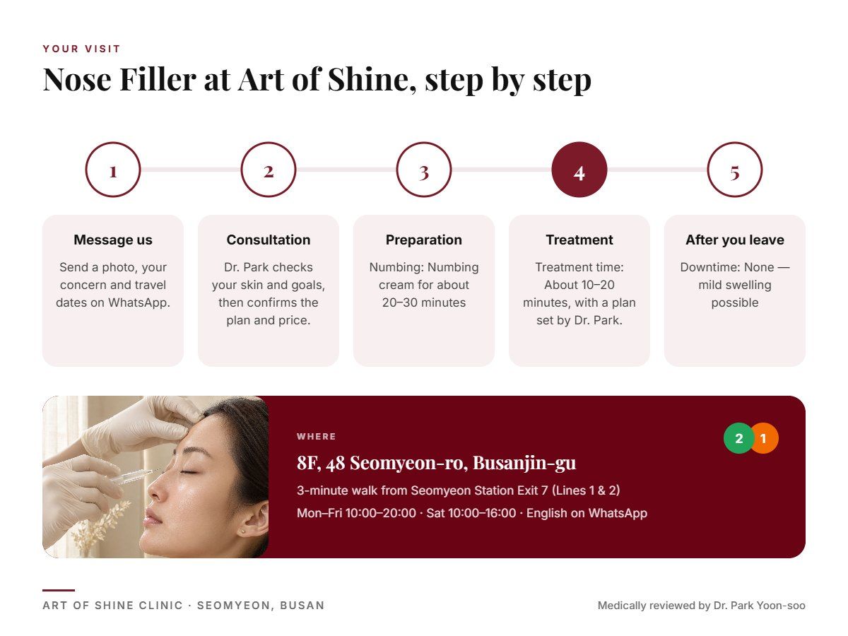 Your Nose Filler visit at Art of Shine Clinic in Seomyeon, Busan in 5 steps, from WhatsApp booking to aftercare