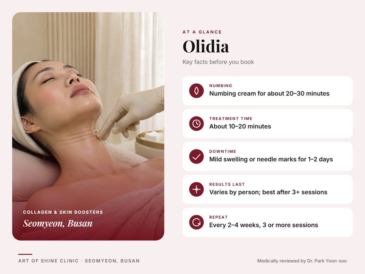 Olidia in Busan at a glance: numbing, treatment time (About 10&ndash;20 minutes), downtime, how long results last and repeat interval, Art of Shine Clinic