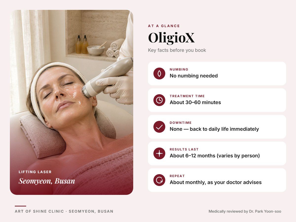 OligioX in Busan at a glance: numbing, treatment time (About 30&ndash;60 minutes), downtime, how long results last and repeat interval, Art of Shine Clinic