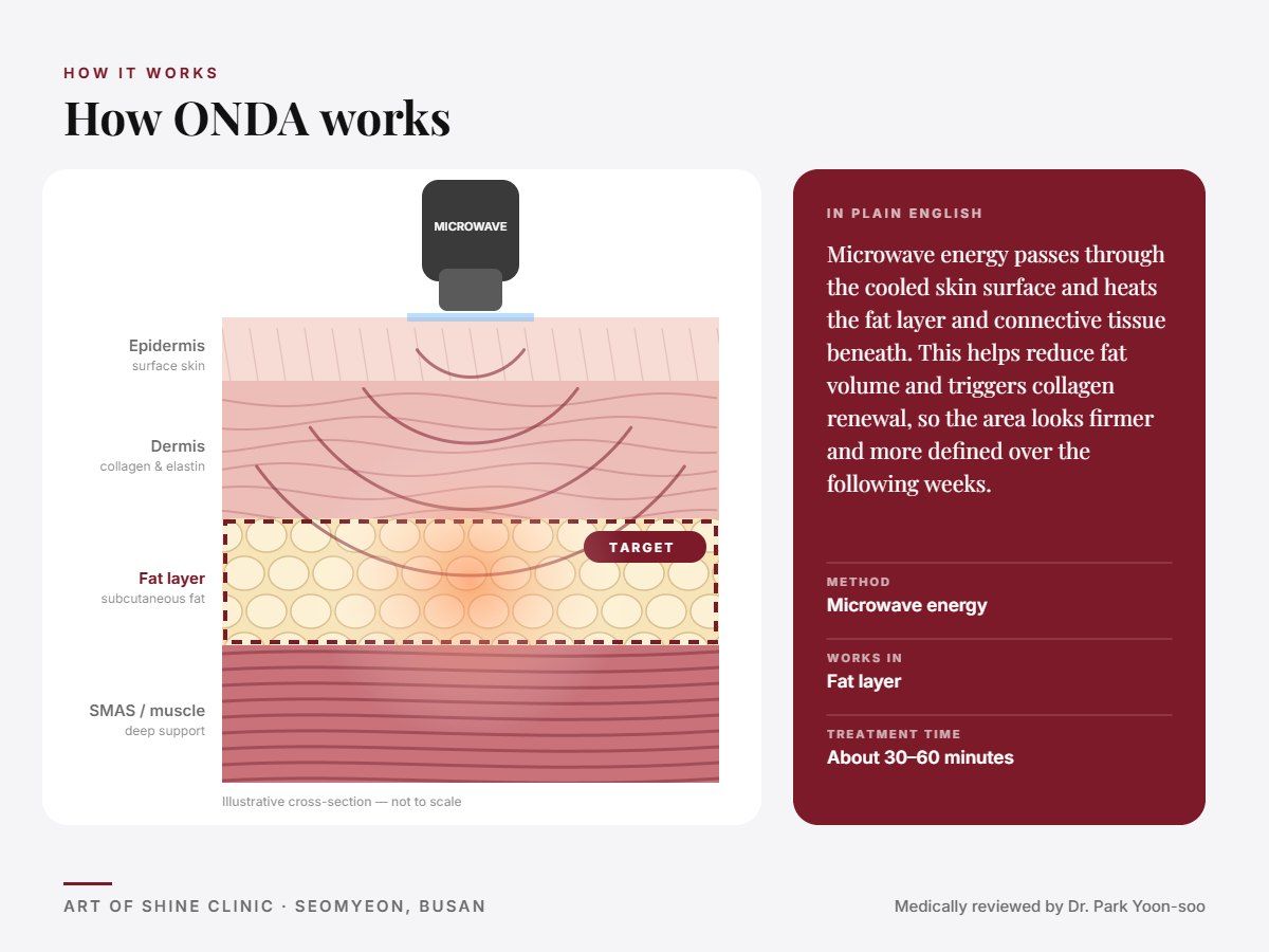 How ONDA works: illustrated skin cross-section showing microwave energy reaching the fat layer